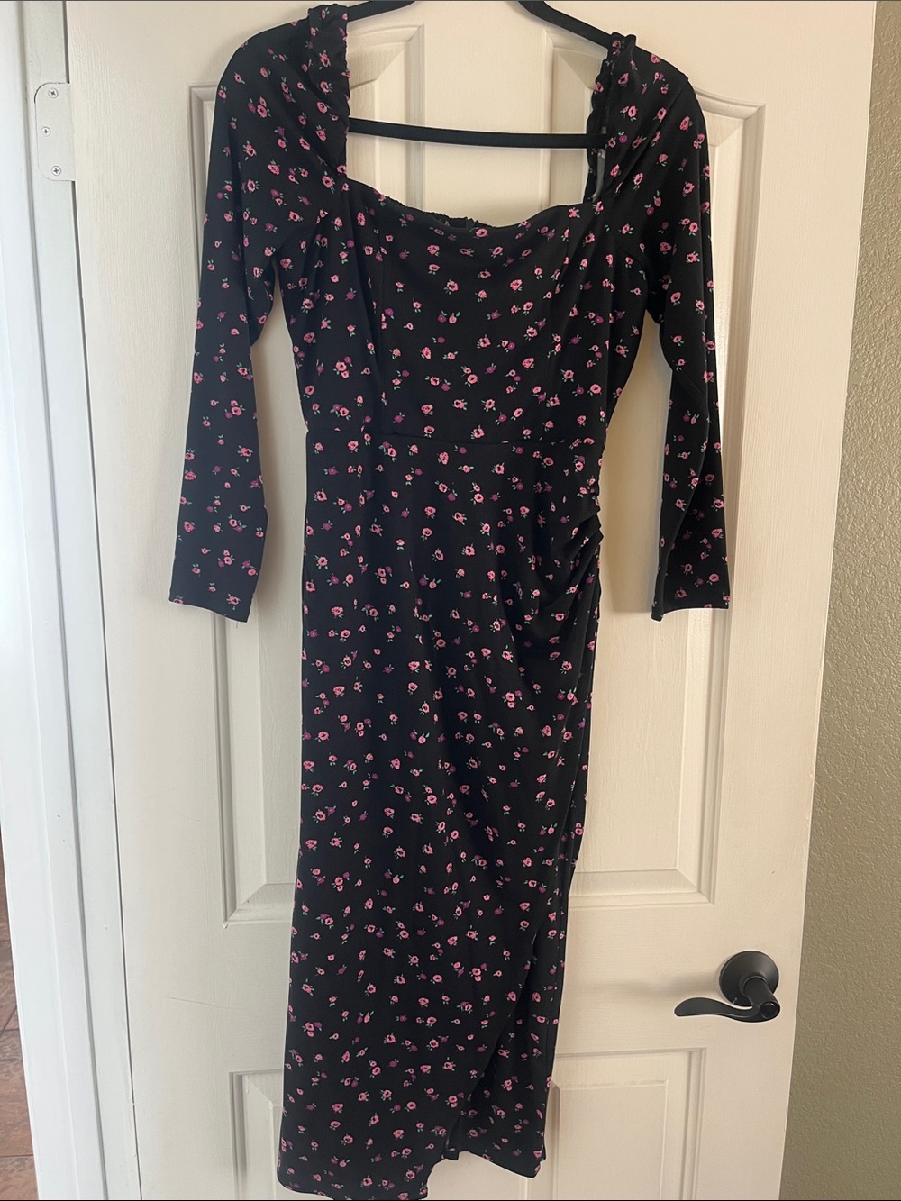 Wayf Black Midi Dress with Pink Floral Print